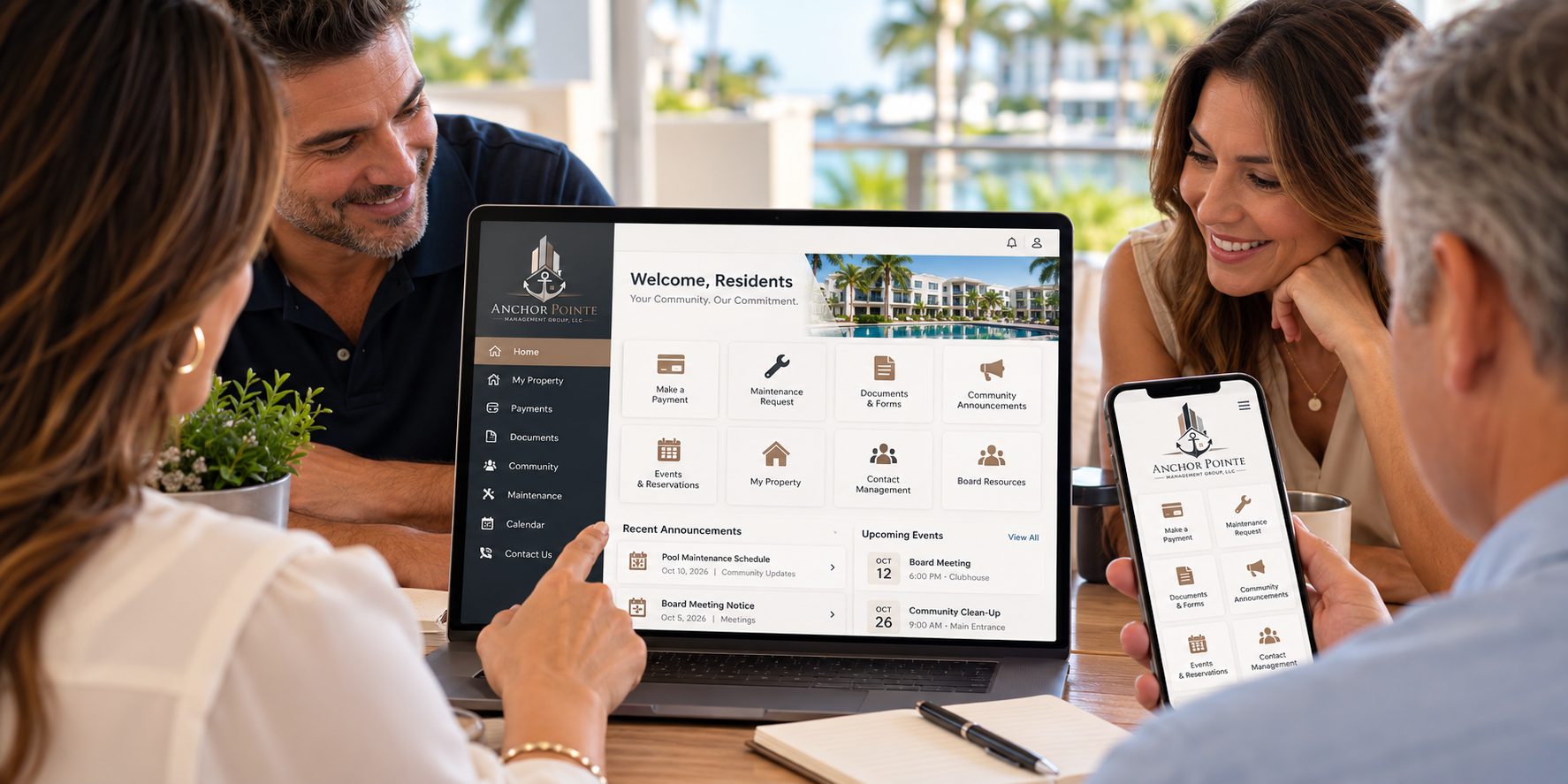 Residents viewing the Anchor Pointe resident portal on a laptop and phone